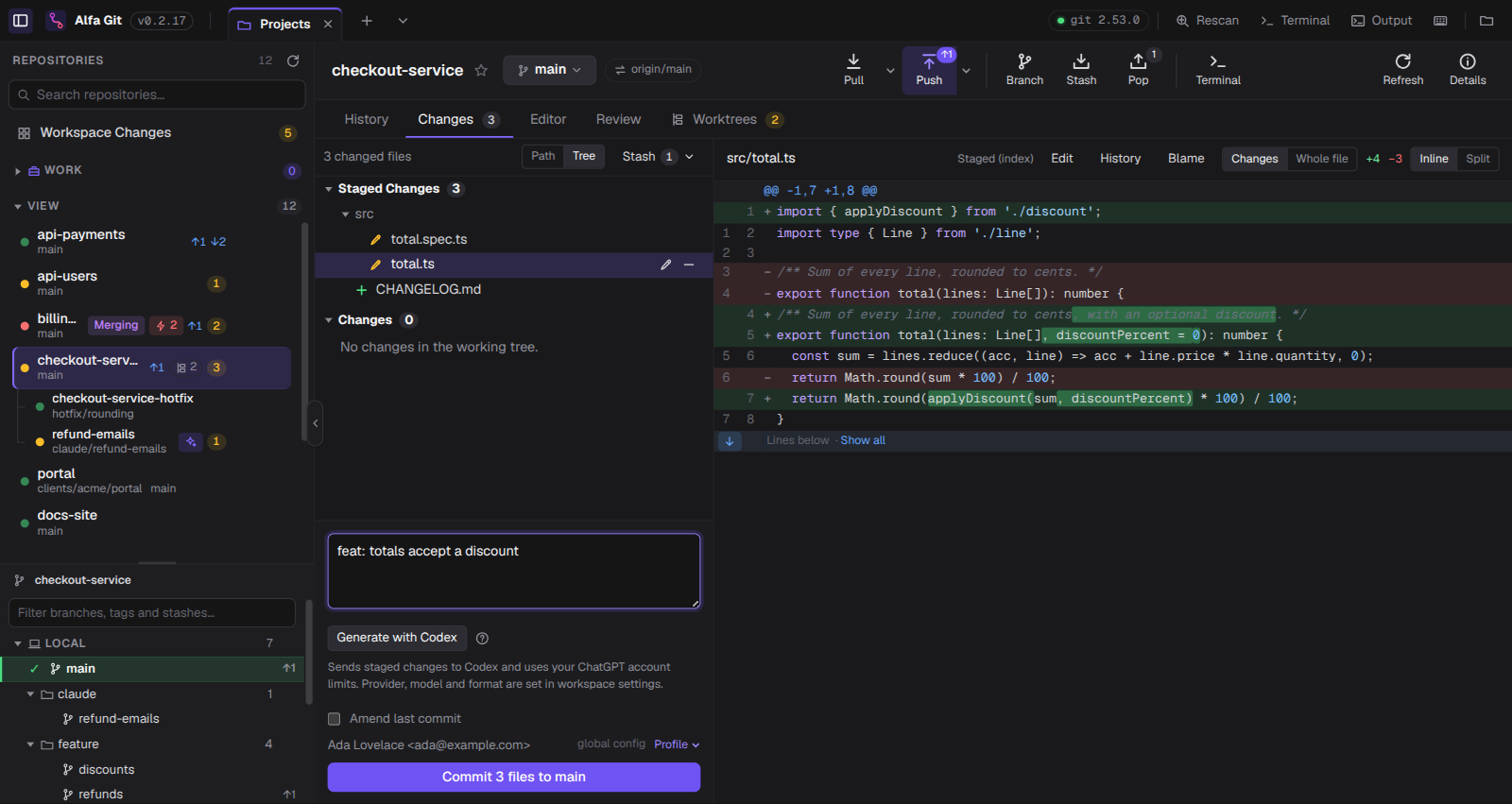 Staged changes with a word-level diff, the commit message and who you commit as