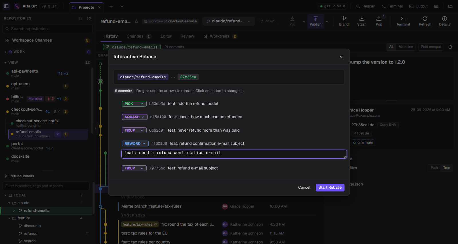 Interactive rebase of an agent's branch with squash, fixup and reword