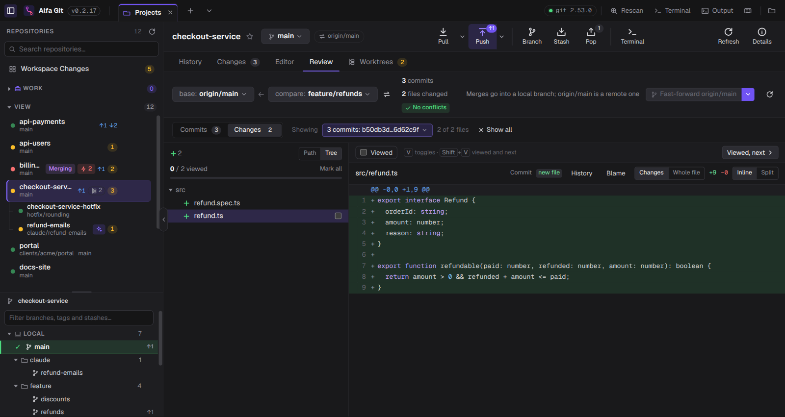 Review of feature/refunds against origin/main: its commits, changed files and diff
