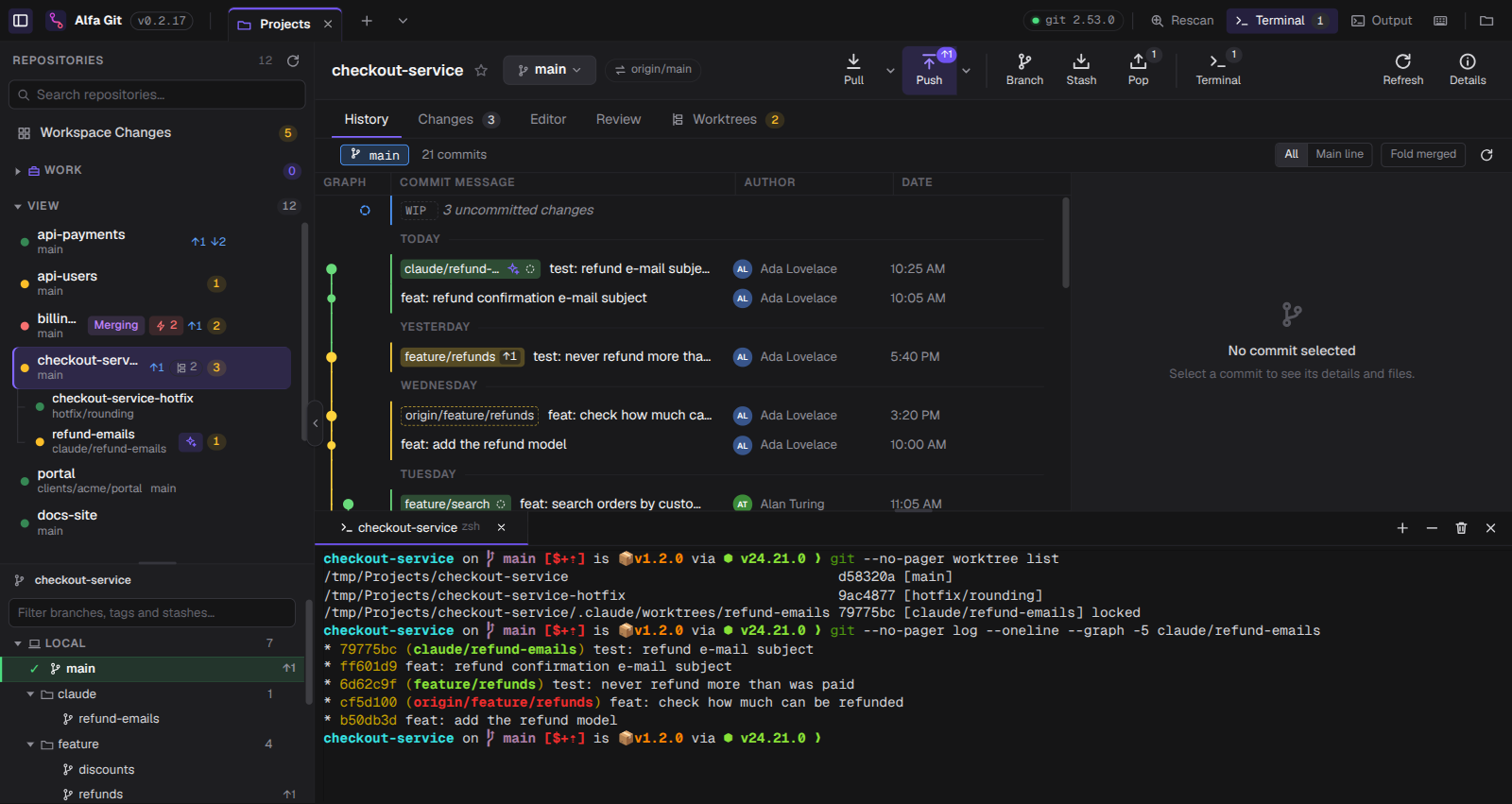 The built-in terminal under the commit graph, listing the worktrees of the repository