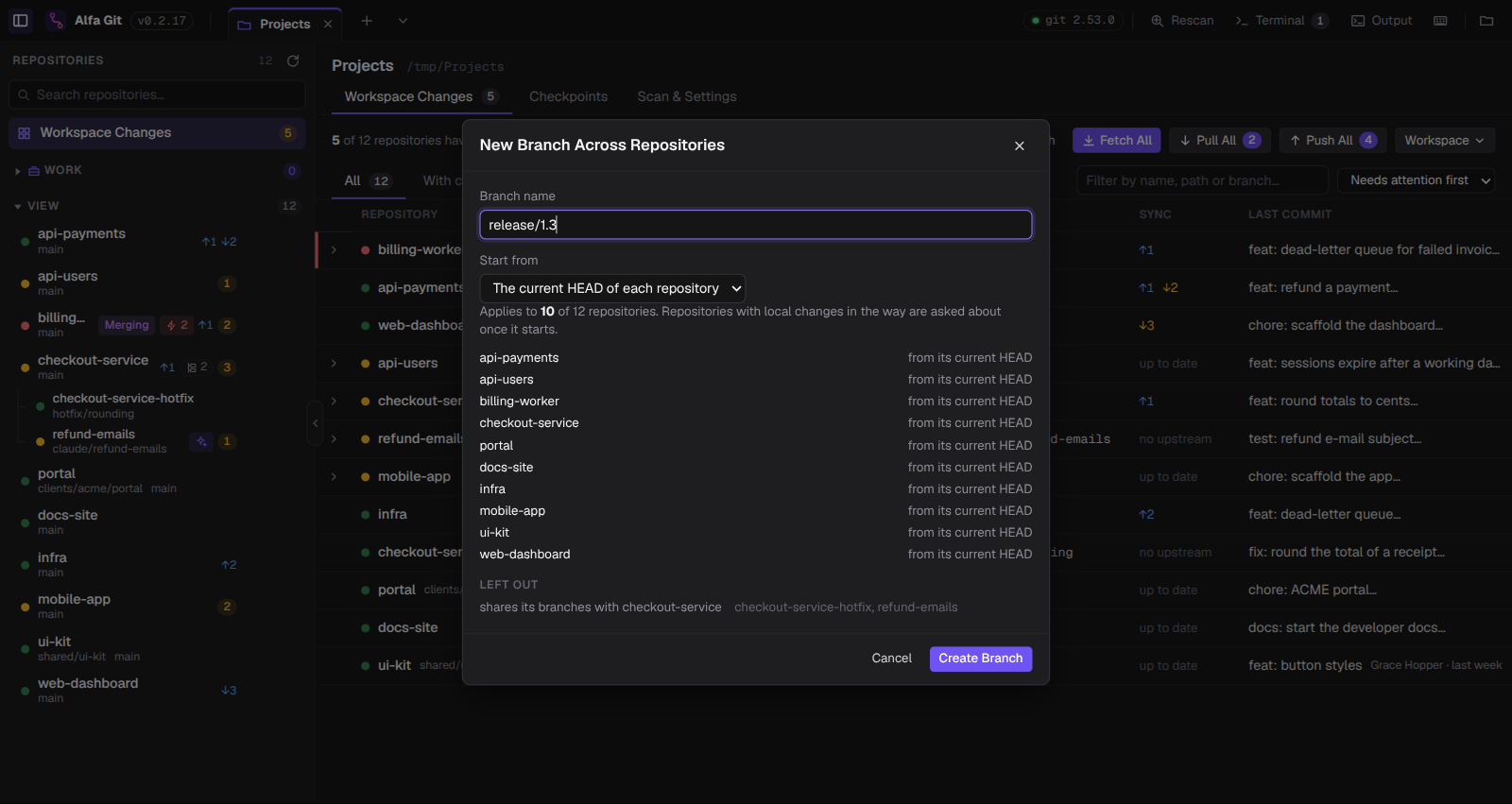 New branch across repositories, with the list of repositories it applies to