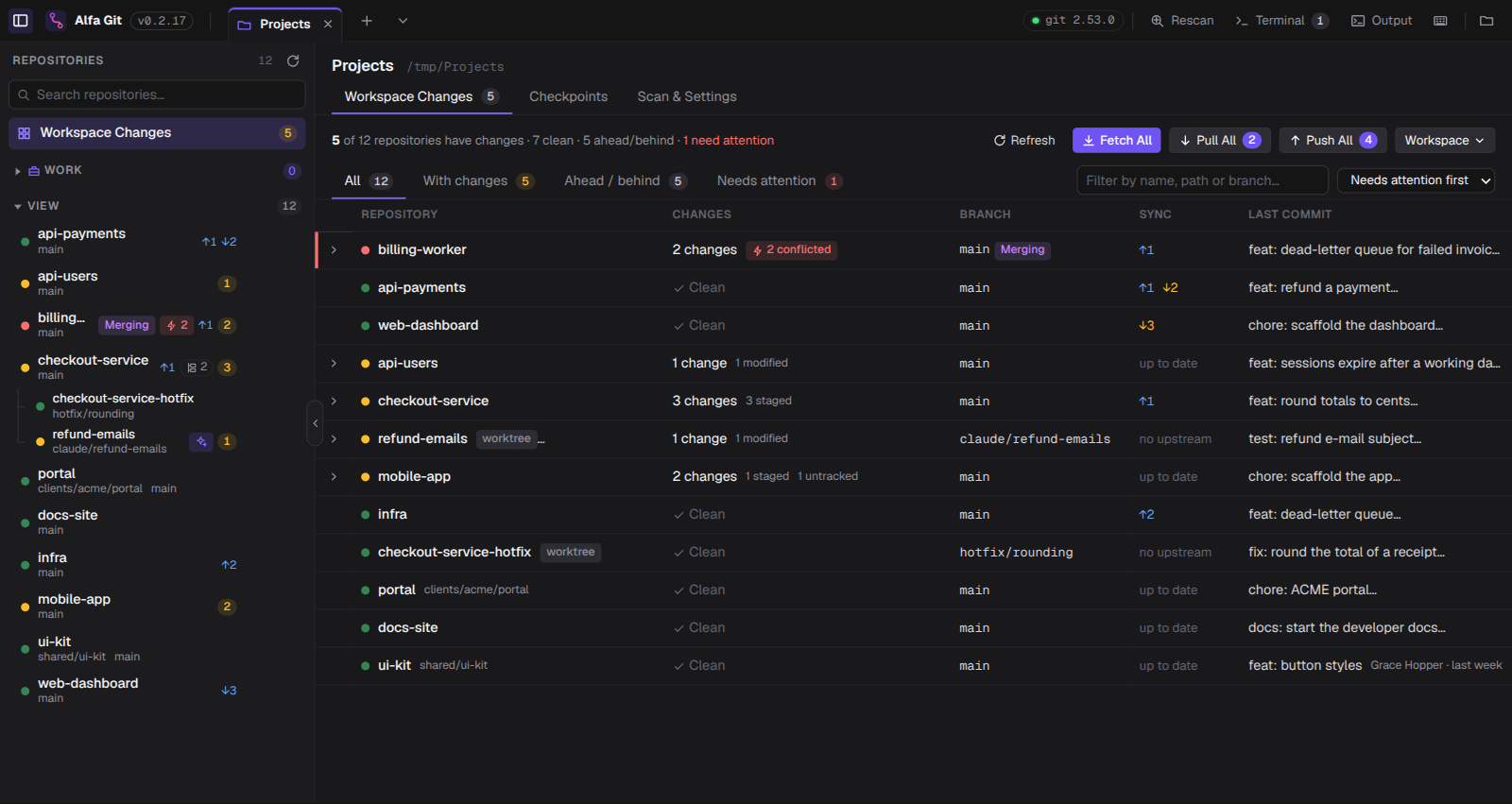 Alfa Git showing a workspace with twelve repositories, each with its own status