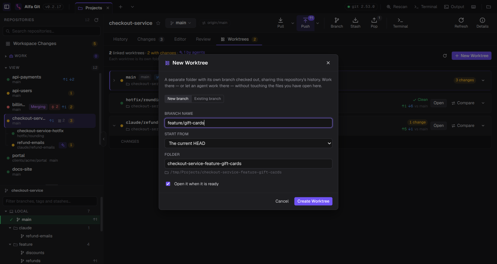 New Worktree dialog with a new branch feature/gift-cards and the folder checkout-service-feature-gift-cards