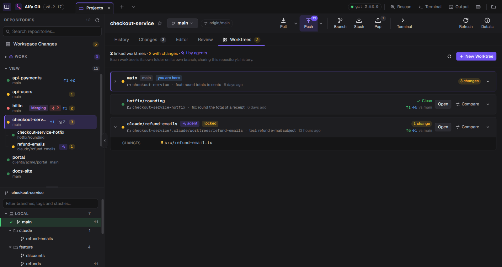 Worktrees tab with a hotfix worktree and a locked worktree created by a coding agent